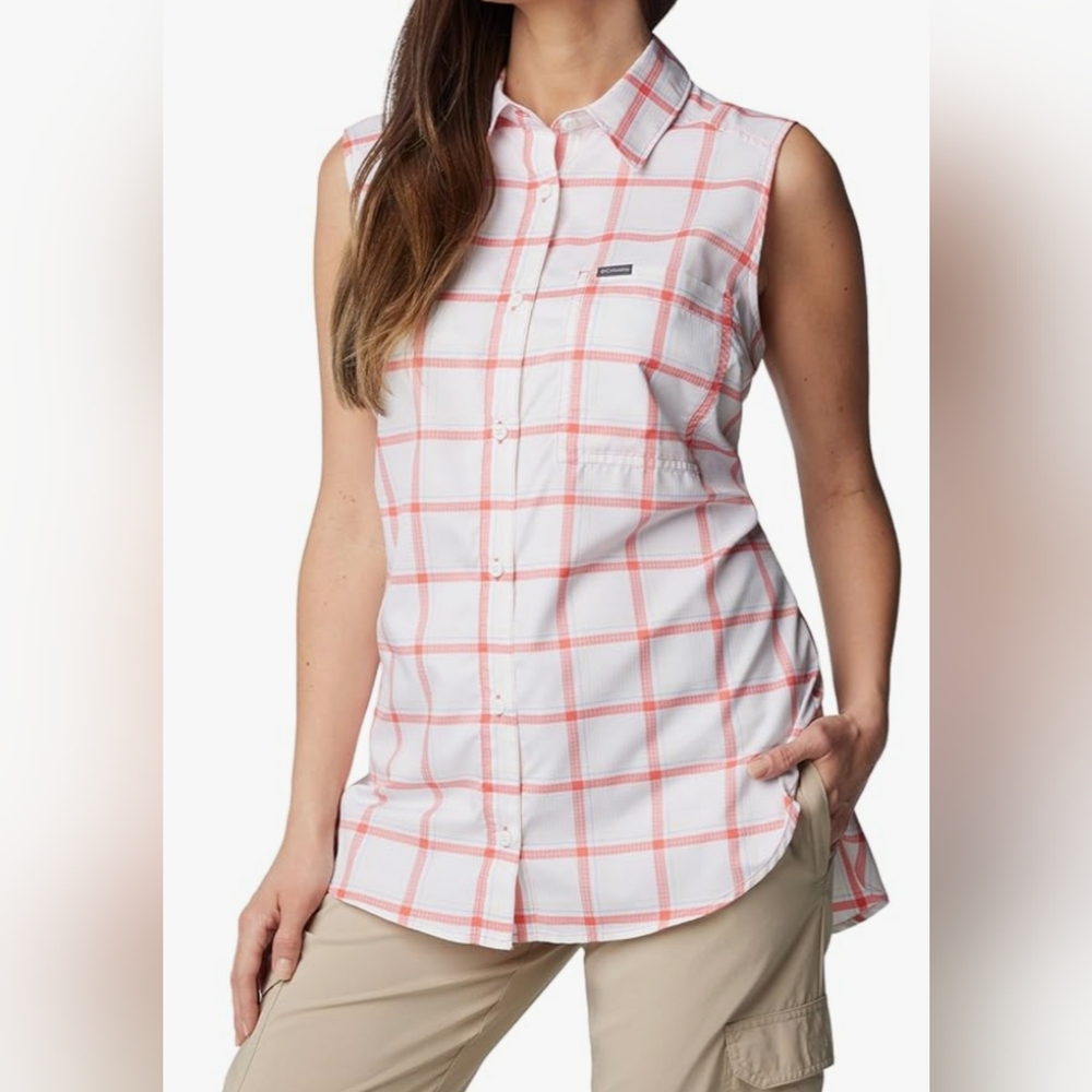 COLUMBIA Anytime Lite Sleeveless Shirt - Pink Windowpane - Size XL (NWT)